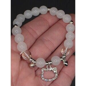 Hello Kitty White Beaded Bracelet with Silver Cat Dangle Charm